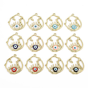 Rack Plating Alloy Enamel Pendants, Cadmium Free & Nickel Free & Lead Free, Oval with Evil Eye, Light Gold, Mixed Color, 36x32x3mm, Hole: 1.8mm