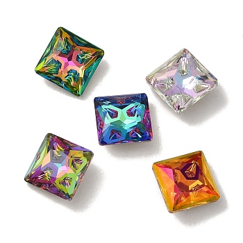 Glass Rhinestone Cabochons, Point Back & Back Plated, Faceted, Square, Mixed Color, 12x12x5.5mm