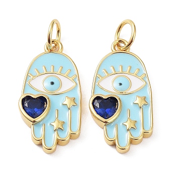 Rack Plating Brass Enamel with Glass Pendants, Lead Free & Cadmium Free, Long-Lasting Plated, Hamsa Hand with Heart Charms, Real 18K Gold Plated, 19x9.5x2.5mm, Hole: 3.5mm