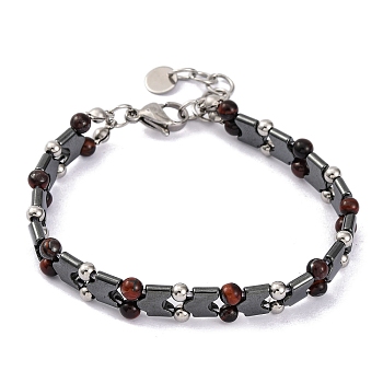 Natural Tiger Eye Beaded Bracelets, Synthetic Magnetic Hematite Tile Bracelet, 9-1/8 inch(23cm)