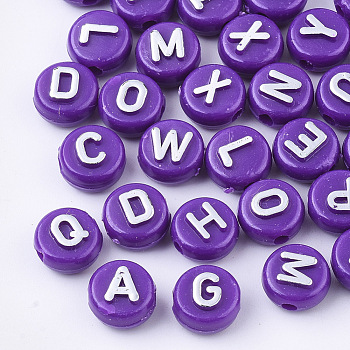 Plating Opaque Acrylic Beads, Metal Enlaced, Horizontal Hole, Flat Round with Letter, Dark Violet, 10x6mm, Hole: 1.8mm, about 1580pcs/500g