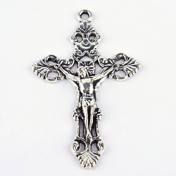 Tibetan Style Alloy Pendants, For Easter, Crucifix Cross, Cadmium Free & Lead Free, Antique Silver, 55.5x34x5mm, Hole: 2mm