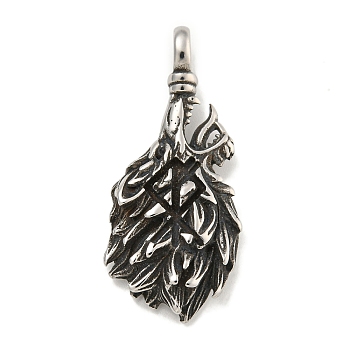 316 Surgical Stainless Steel Pendants, Wolf Charm, Antique Silver, 42x18x7mm, Hole: 5.4x4.8mm