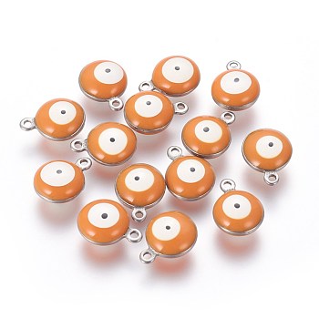 304 Stainless Steel Enamel Charms, Flat Round with Evil Eye, Stainless Steel Color, Dark Orange, 13x10x5mm, Hole: 1.4mm