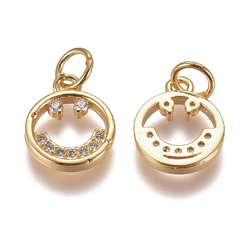 Brass Micro Pave Clear Cubic Zirconia Charms, with Jump Rings, Smiling Face, Golden, 12x10x2mm, Hole: 3mm
