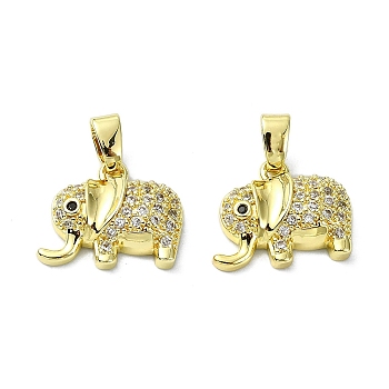 Rack Plating Brass Micro Pave Clear Cubic Zirconia Pendants, Long-Lasting Plated, Lead Free & Cadmium Free, Elephant, Real 18K Gold Plated, 13x16.5x4mm, Hole: 2.5x4.5mm