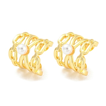 Rack Plating Brass Oval Cuff Earrings with Plastic Pearl, Non Piercing Earrings, Long-Lasting Plated, Lead Free & Cadmium Free, Real 18K Gold Plated, 15.5x14.5x13.5mm
