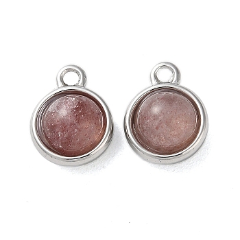 Natural Strawberry Quartz Half Round Charms, with 304 Stainless Steel Findings, Platinum, 13.5x10.5x6.5mm, Hole: 1.8mm