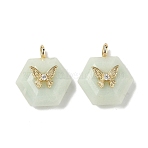 Natural Flower Amazonite Faceted Pendants, Hexagon Charms with Brass Pave Clear Cubic Zirconia Butterfly, Real 18K Gold Plated, Long-Lasting Plated, Rack Plating, 22x19x10mm, Hole: 3.5x2mm(G-P585-01G-05)