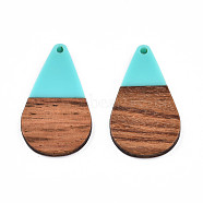 Opaque Resin & Walnut Wood Pendants, Teardrop Shape Charm, Turquoise, 38x22x3mm, Hole: 2mm(RESI-N025-030-B03)