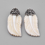 Freshwater Shell Pendants, with Rhinestone, Feather, Seashell Color, 34x14.5x2.5mm, Hole: 1.5mm(SHEL-S269-07)