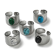 304 Stainless Steel Open Cuff Rings, Synthetic Malachite & Turquoise Oval Wide Band Rings for Women Men, Stainless Steel Color, Adjustable(STAS-Z060-16P)