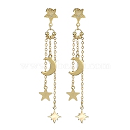 304 Stainless Steel Dangle Stud Earrings, Brass Moon with Star Tassel Earrings, Real 18K Gold Plated, 85x10.5mm(EJEW-TA00317)