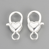 Alloy Lobster Claw Clasps, Heart, Silver Color Plated, 26.5x15x6.5mm, Hole: 4mm(X-PALLOY-R070-12S)