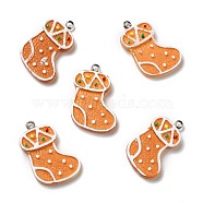 Opaque Resin Pendants, with Platinum Tone Iron Loops, Imitation Gingerbread, Christmas Sock, Sandy Brown, 30x21x4mm, Hole: 2mm(RESI-D055-131P)