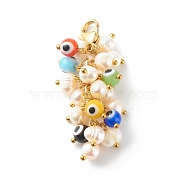 Pearl Pendants, with Freshwater Pearl Beads, Handmade Evil Eye Lampwork Beads, 304 Stainless Steel Jump Rings & Lobster Claw Clasps, Golden, 50mm, Hole: 3mm(HJEW-JM00505)