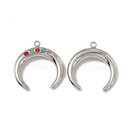 201 Stainless Steel Pendants, Colorful Rhinestone Double Horn/Crescent Moon Charms, Stainless Steel Color, 23x22x4.5mm, Hole: 1.8mm(STAS-J401-VC588)