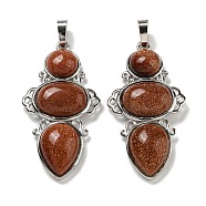 Synthetic Goldstone Pendants, Rack Plating Brass Flower Charms, Cadmium Free & Lead Free, Platinum, 47x24x6.5mm, Hole: 7.5x5mm(G-Q158-04K)