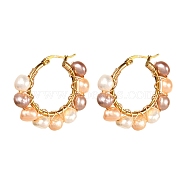 Vintage Natural Pearl Beads Earrings for Girl Women, 304 Stainless Steel Hoop Earrings, Golden, White, 32x36x7.5mm, Pin: 0.8mm(EJEW-JE04643-01)