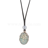 Oval with Flower Natural Green Aventurine Pendants Necklaces, Polyester Cord White Agate Necklaces for Women, 25.20 inch(64cm)(NJEW-JN04817)