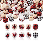 100Pcs Natural Wooden Beads, Christmas, Round with Mixed Pattern, Dyed, Mixed Color, 16mm, Hole: 4mm(WOOD-CD0001-22)