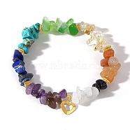 Bohemian Style Natural Mixed Gemstone Chips Stretch Bracelets for Women, with Golden Tone Iron Charm, Heart(LU9203-2)