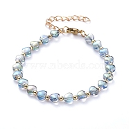 Heart Transparent Spray Painted Glass Beaded Bracelets, with Round Brass Beads and 304 Stainless Steel Lobster Claw Clasps, Clear AB, 7-5/8 inch(19.5cm)(BJEW-JB05215-02)