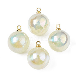 ABS Plastic Imitation Pearl Pendants, with Brass Findings, AB Color Plated, Round, Light Yellow, 15.5x12mm, Hole: 1.5mm(PACR-T015-03A)
