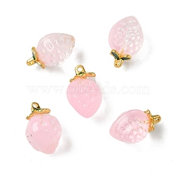 Transparent Glass Pendants, Strawberry Charm, with Golden Alloy Enamel Findings, Two Tone, Misty Rose, 18x12x10.5mm, Hole: 1.5mm(GLAA-P072-03G-01)