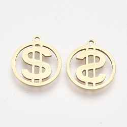 201 Stainless Steel Pendants, Laser Cut Pendants, Flat Round with Dollar Sign, Golden, 17x15x1mm, Hole: 1.4mm(STAS-T044-98G)