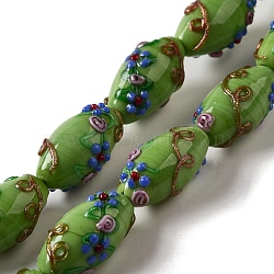 Handmade Lampwork Beads, Rice wit Flower, Lime Green, 23x12~13mm, Hole: 1.6mm(LAMP-J089-D09-A)
