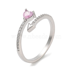 Heart Brass Micro Pave Cubic Zirconia Open Cuff Rings for Women, Platinum, Pearl Pink, Inner Diameter: 17mm(RJEW-S416-02P-01)