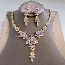 Flower Brass Rhinestone Pendant Necklaces & Stud Dangle Earrings, Golden, Violet, 420mm(FS-WG58BAB-10)