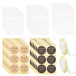 Dot Round Thank You Self-Adhesive Paper Gift Tag Stickers, with Rectangle Frosted Plastic Cellophane Bags, Polyester Ribbon, Mixed Color, 135x87x0.2mm, Stickers: 40mm, 6pcs/sheet, 20 sheets/color(DIY-BC0006-31)