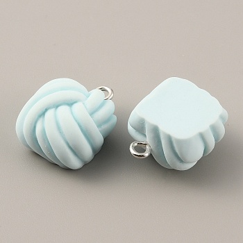 Opaque Resin Pendants, Frosted Square Yarn Ball Charms, with Platinum Tone Iron Findings, Light Cyan, 20x15.5x11mm, Hole: 2mm