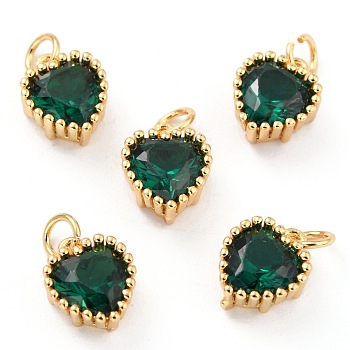 Real 18K Gold Plated Brass Inlaid Cubic Zirconia Charms, with Jump Ring, Long-Lasting Plated, Heart, Green, 8.5x7x4mm, Jump Ring: 4x0.5mm, 2.5mm Inner Diameter