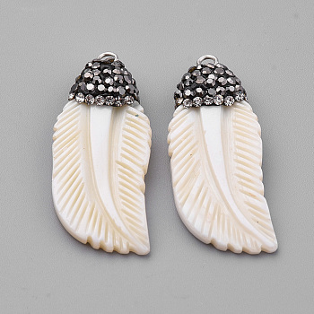 Freshwater Shell Pendants, with Rhinestone, Feather, Seashell Color, 34x14.5x2.5mm, Hole: 1.5mm