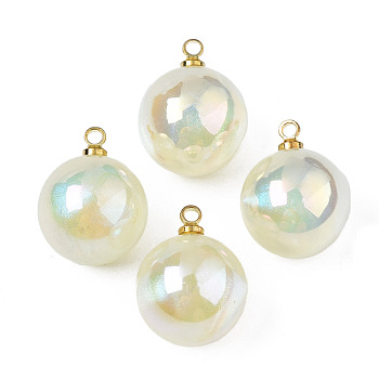 ABS Plastic Imitation Pearl Pendants, with Brass Findings, AB Color Plated, Round, Light Yellow, 15.5x12mm, Hole: 1.5mm