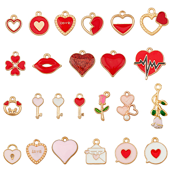 96Pcs 24 Styles Valentine's Day Alloy Enamel Pendants, Mixed Shapes, Mixed Color, 10~28x10~10.5x2~5mm, Hole: 2mm, 4pcs/style