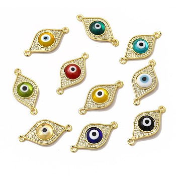 Rack Plating Real 18K Gold Plated Brass Micro Pave Clear Cubic Zirconia Connector Charms, Evil Eye Links with Handmade Lampwork, Cadmium Free & Lead Free, Long-Lasting, Mixed Color, 13x27x4mm, Hole: 1.5mm