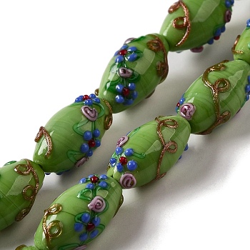 Handmade Lampwork Beads, Rice wit Flower, Lime Green, 23x12~13mm, Hole: 1.6mm