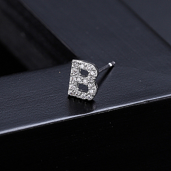 Platinum Brass Micro Pave Cubic Zirconia Stud Earrings, Initial Letter, Letter B, No Size
