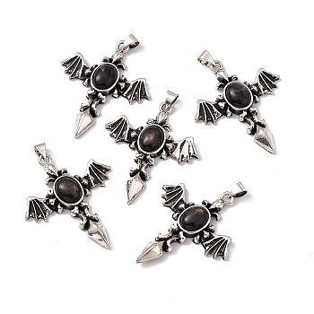 Natural Hypersthene Pendants, Angel Wing Charm, with Antique Silver Color Brass Findings, 37x31x5.5~6mm, Hole: 4x3mm