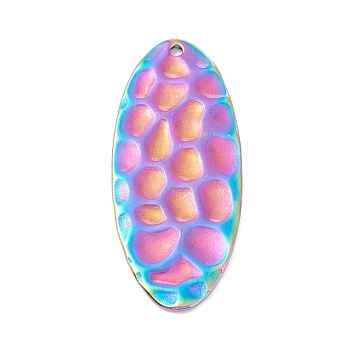 Ion Plating(IP)304 Stainless Steel Pendants, Textured, Oval, Rainbow Color, 38x16x1~1.5mm, Hole: 1.5mm