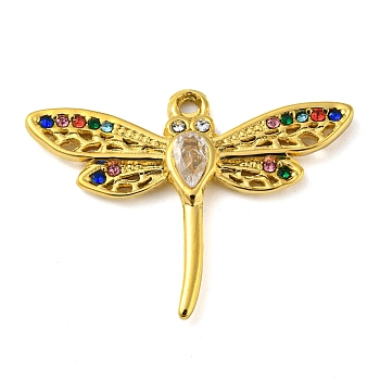 Ion Plating(IP) Real 18K Gold Plated 304 Stainless Steel Rhinestone Pendants, Dragonfly Charms, Colorful, 22x29x2mm, Hole: 1.5mm