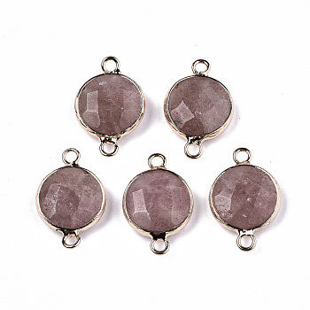 Strawberry Quartz Links Connectors, with Light Gold Plated Brass Findings, Faceted, Flat Round, 23~24x15~15x5~6mm, Hole: 2mm