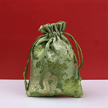 Dragon Print Cloth Pouches, Drawstring Bag for Jewelry Storage, Rectangle, Yellow Green, 14x10cm
