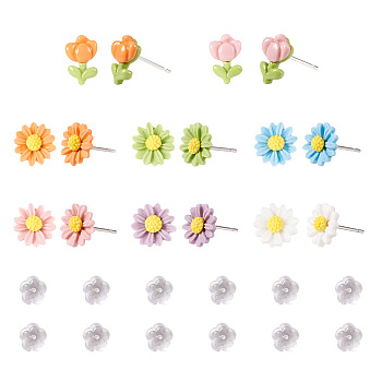 10pcs 8 style Flower Porcelain Stud Earrings, with 925 Sterling Silver Pin, Mixed Color, 9~10.5x7~9mm