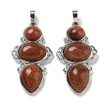 Synthetic Goldstone Pendants, Rack Plating Brass Flower Charms, Cadmium Free & Lead Free, Platinum, 47x24x6.5mm, Hole: 7.5x5mm