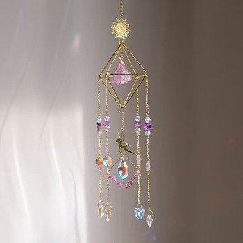 Natural Amethyst Chip Pendant Decorations, Hanging Suncatchers, with Metal Sun Link and Glass Charm, for Home Garden Decorations, 490~510mm